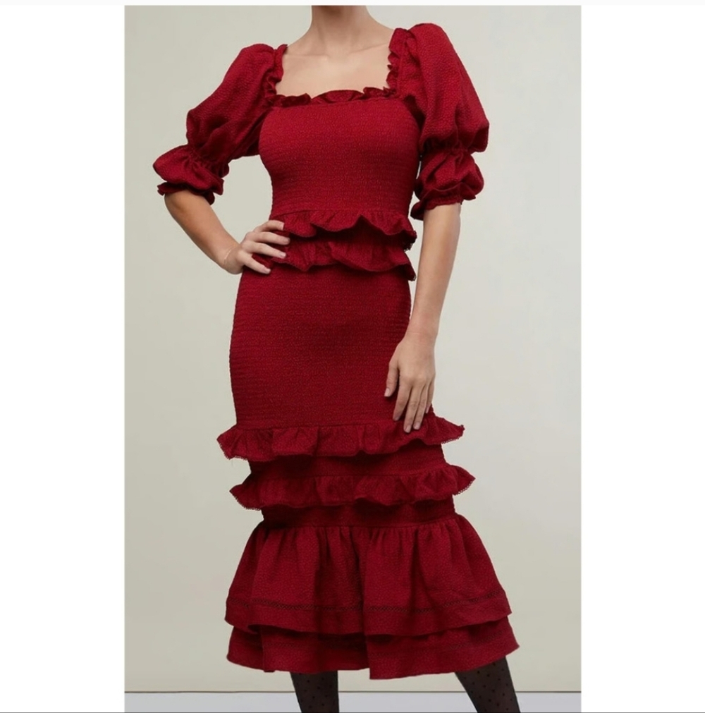 RACHEL PARCELL Jacquard Smocked Midi Dress Deep Red Size Small NWT